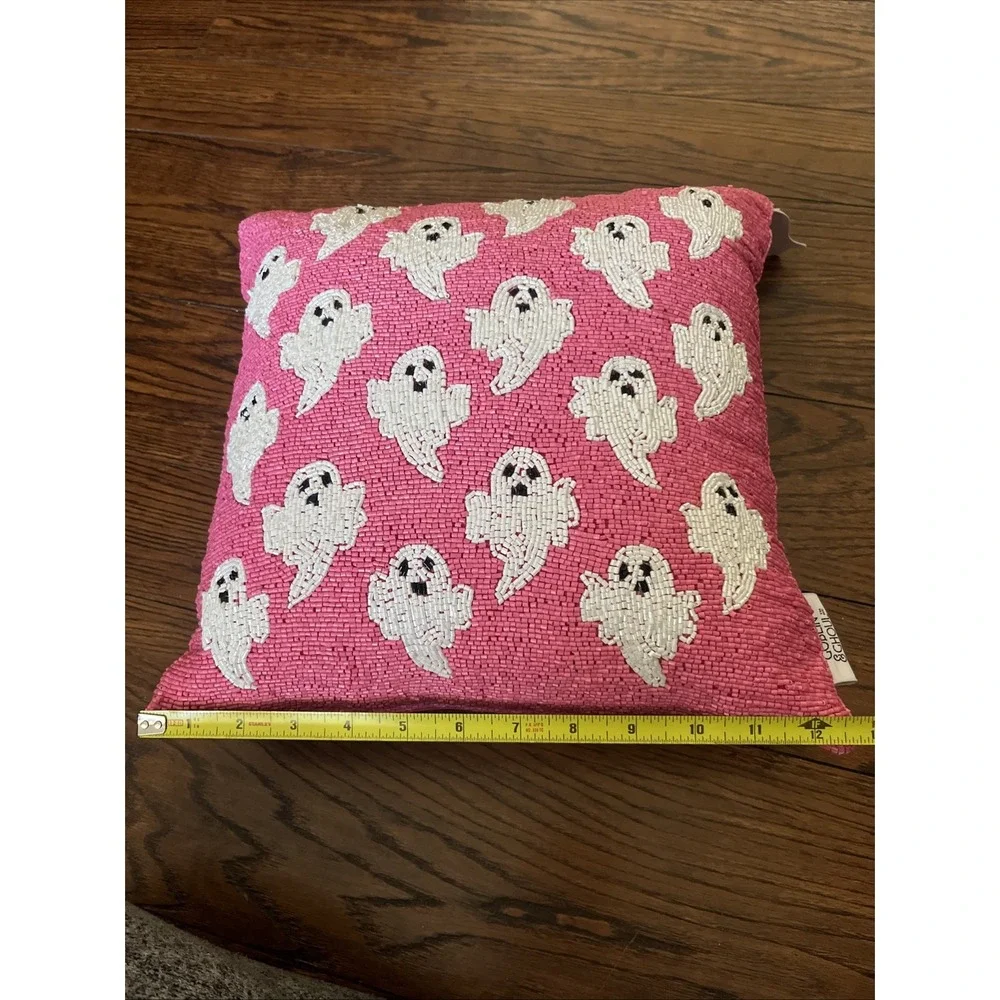 Goblin & Ghoul Beaded Pink And White Ghost Pillow